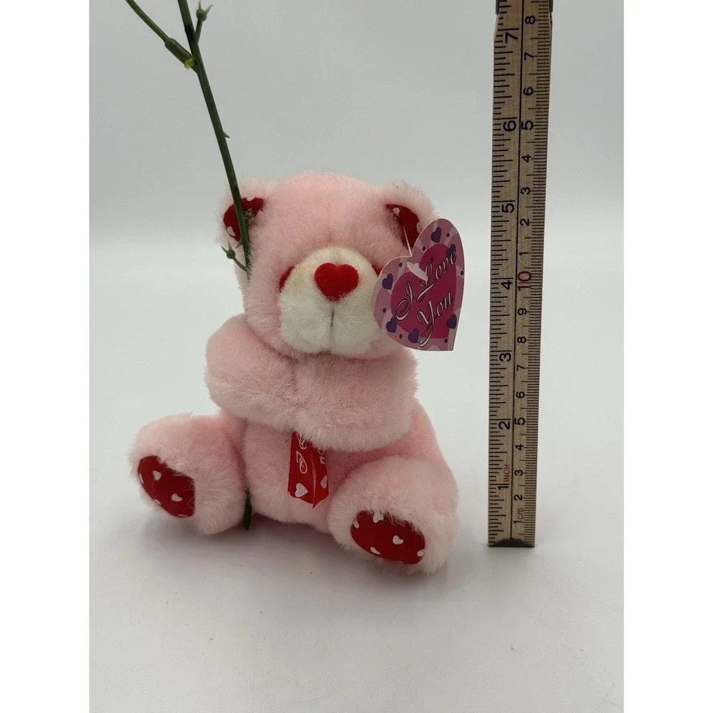 Vintage Pink Stuffed Bear Holding I Love You Rose